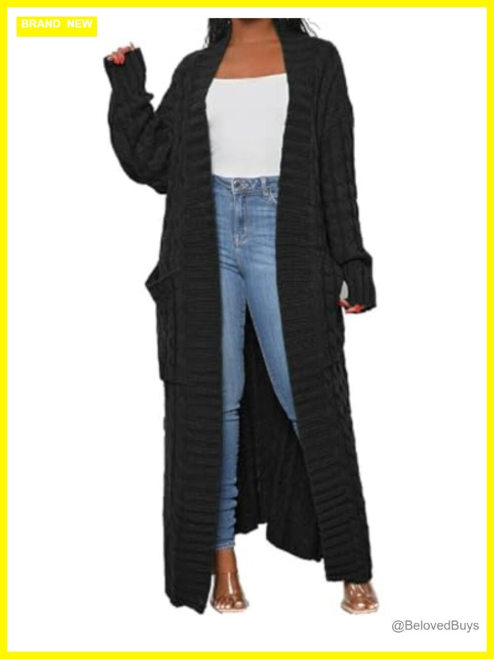 Womens Cable Knit Chunky Long Maxi Cardigan with Pockets